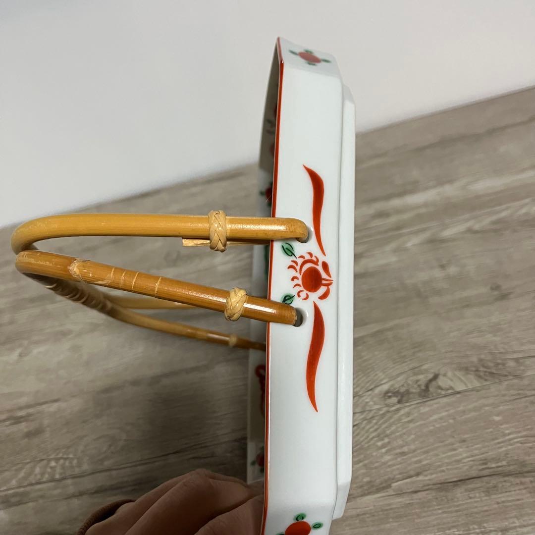 D-4 たち吉 赤絵 鳳凰文 菓子鉢（持ち手付き） 菓子器 盛皿 大皿