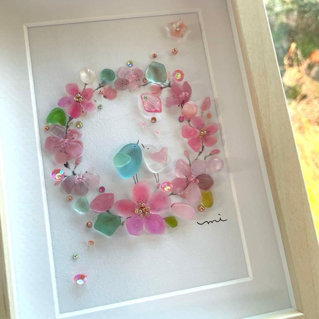 シーグラスアート　桜のリース