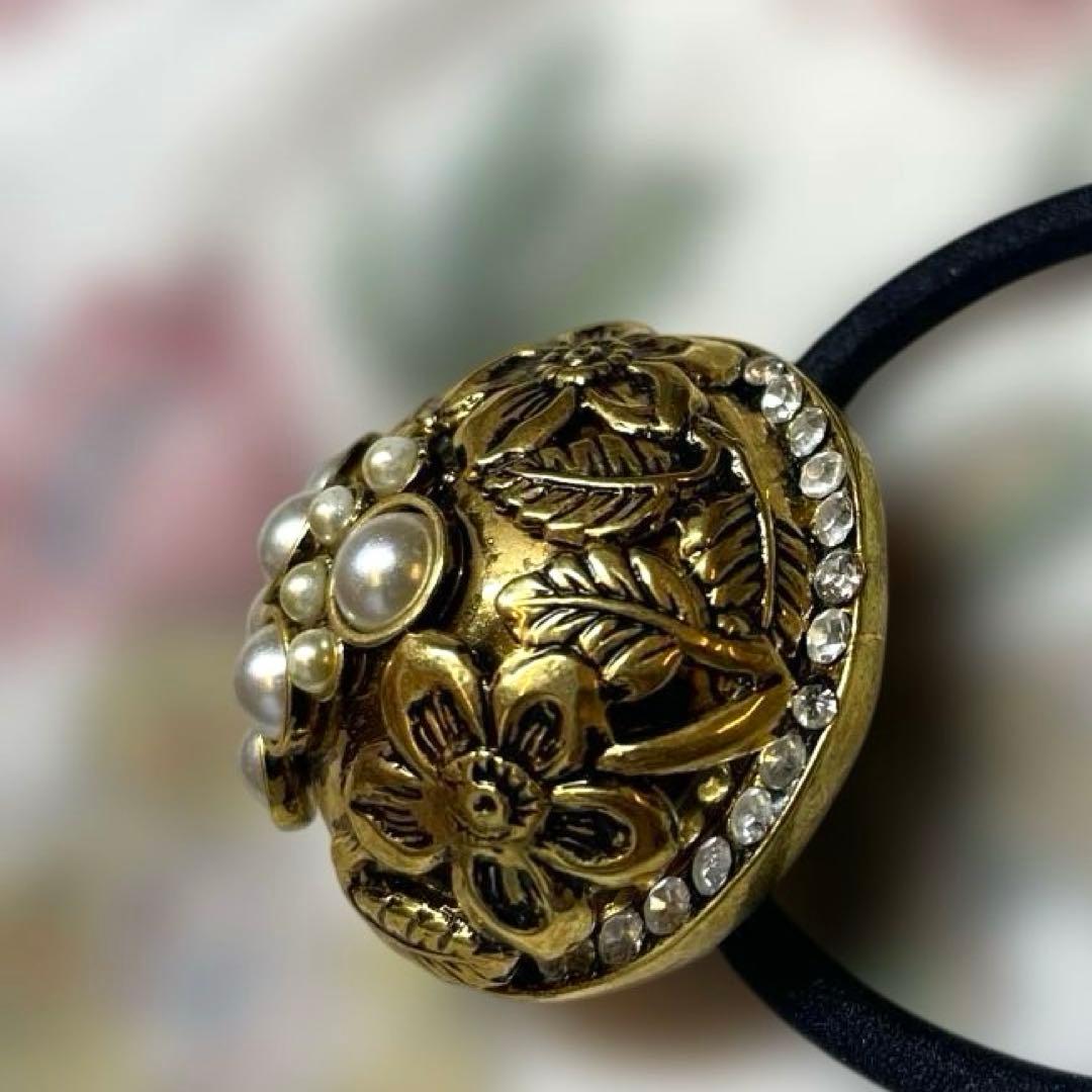 フランス製　ヘアゴム　金属製　パール　スワロ　クリスタル