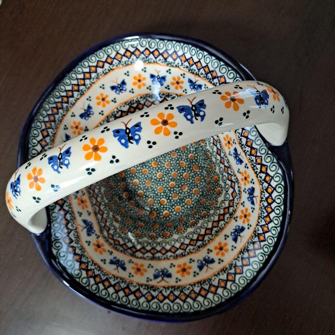 希少ミレナ　ポーリッシュポタリーのバスケット蝶々とお花たち