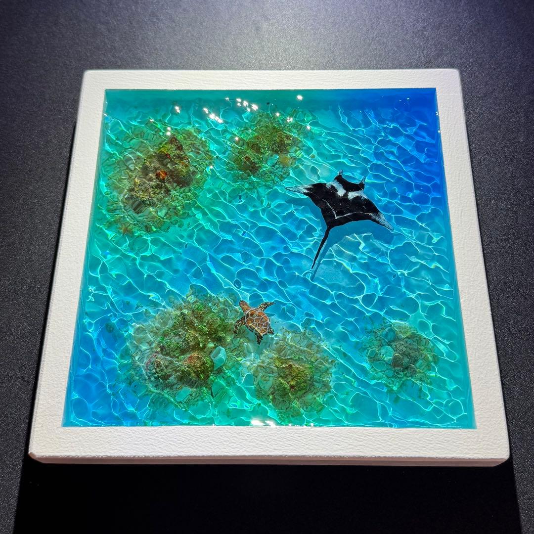 マンタとウミガメ レジンアート オーシャンアート 海 アート 波紋 アートパネル