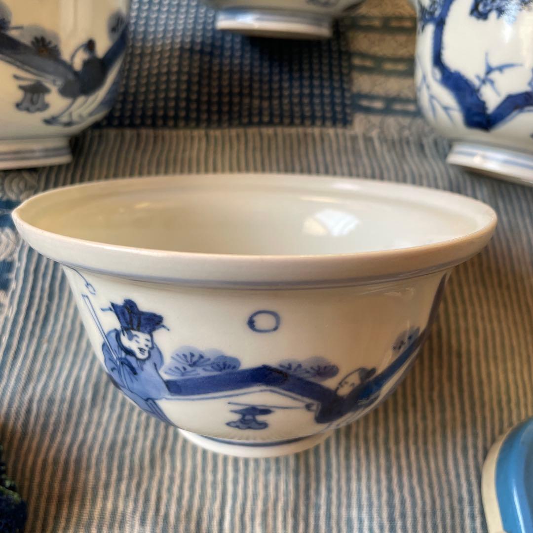 江戸時代　古伊万里　賢人　唐子　北極星　山水図　ご飯茶碗　4客