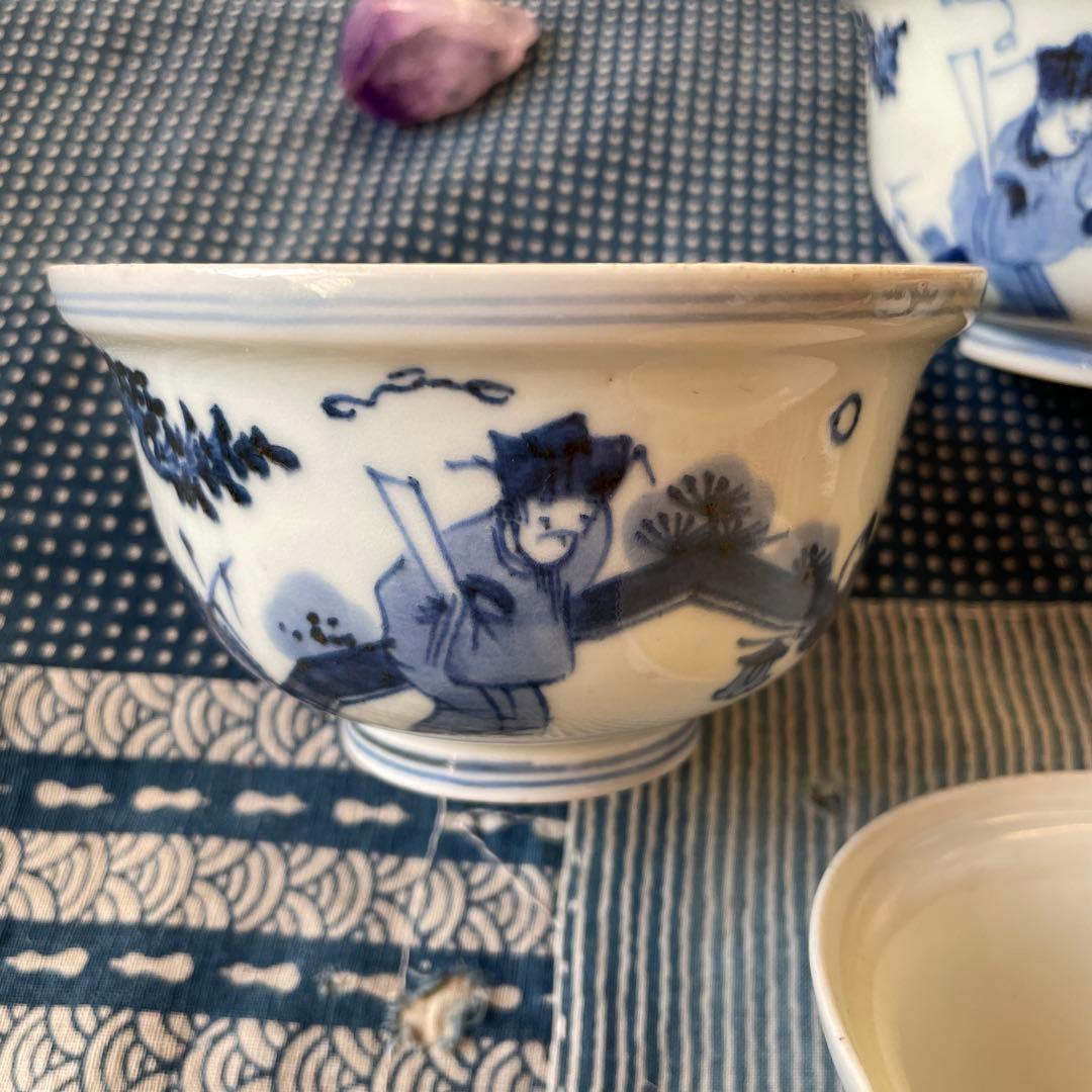 江戸時代　古伊万里　賢人　唐子　北極星　山水図　ご飯茶碗　4客