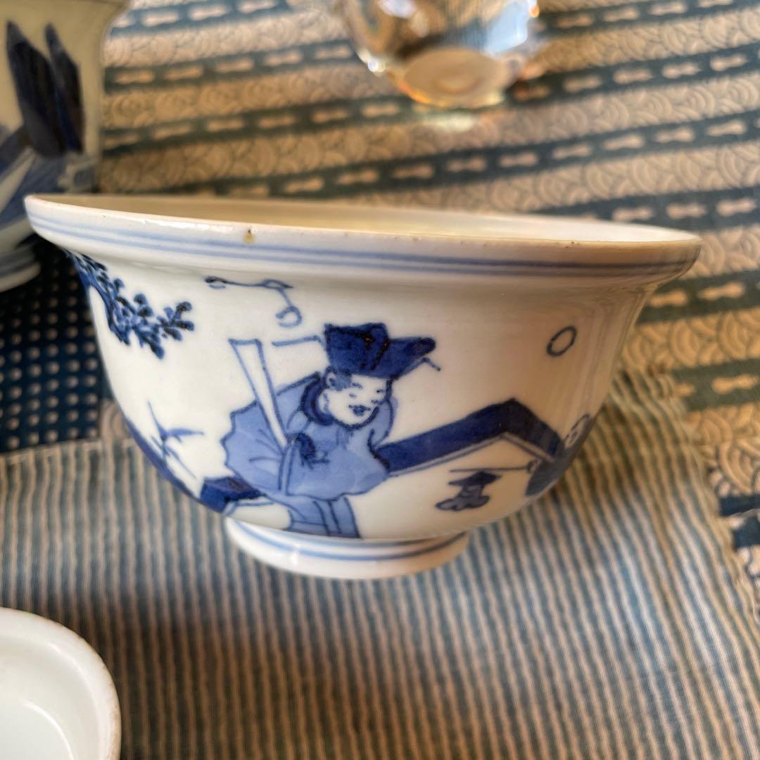 江戸時代　古伊万里　賢人　唐子　北極星　山水図　ご飯茶碗　4客