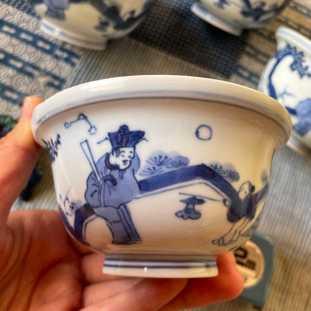江戸時代　古伊万里　賢人　唐子　北極星　山水図　ご飯茶碗　4客