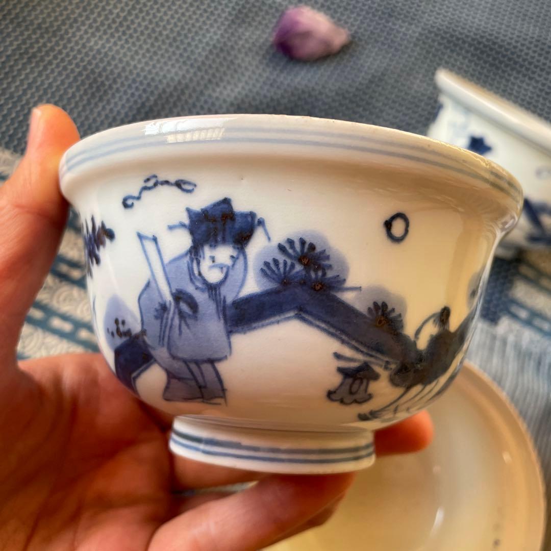 江戸時代　古伊万里　賢人　唐子　北極星　山水図　ご飯茶碗　4客