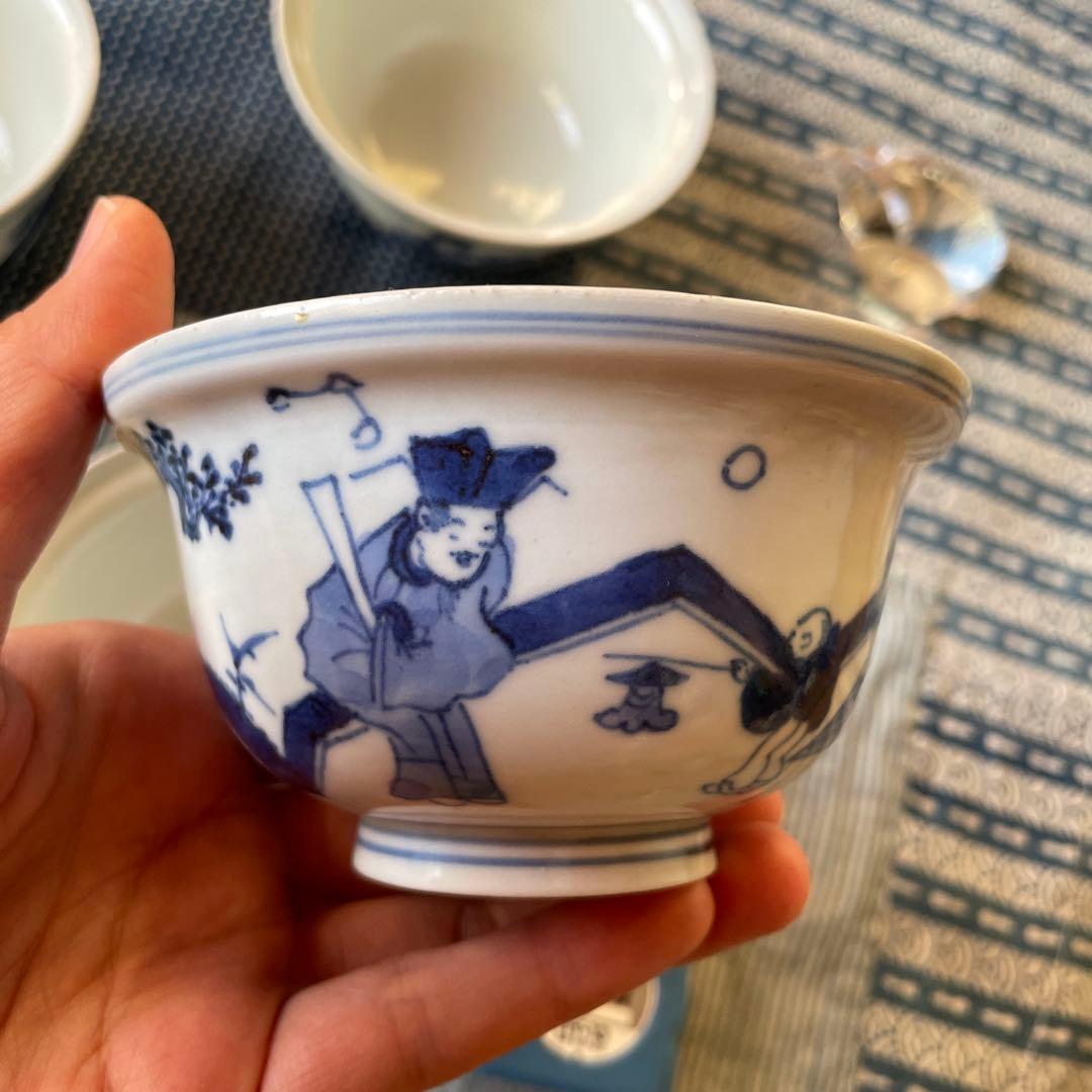 江戸時代　古伊万里　賢人　唐子　北極星　山水図　ご飯茶碗　4客