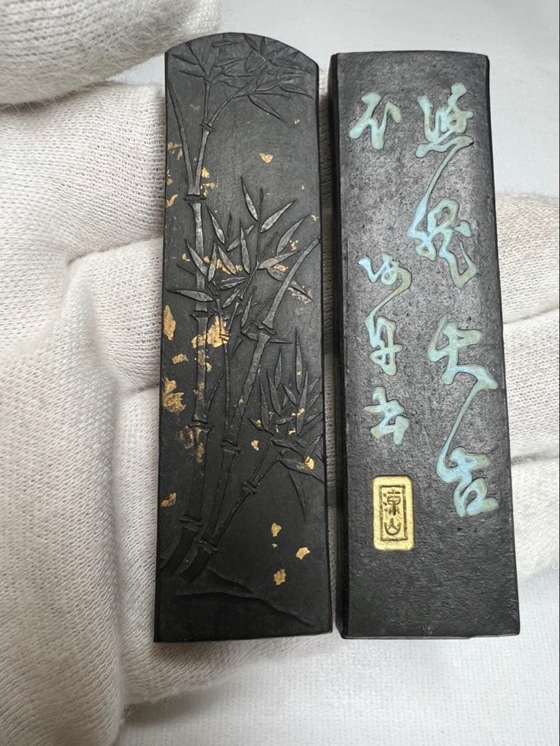 奈良老舗極上油煙古墨一丁型2点 高級書画用状態良！