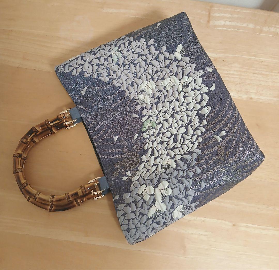 帯リメイクバッグ★ハンドメイドバッグ★ 雲幻暈し文様 銀糸 箔 紫 正絹、袋帯