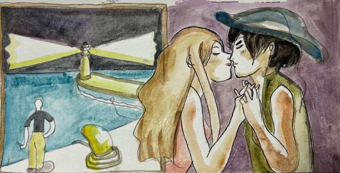 水彩画 　題名「kiss」　　A4サイズ＝額縁　絵のサイズは　測っていません。