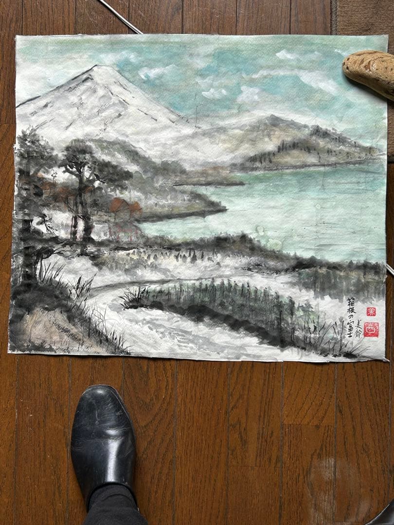 水墨画 富士山と湖の風景 約70cm x 60cm