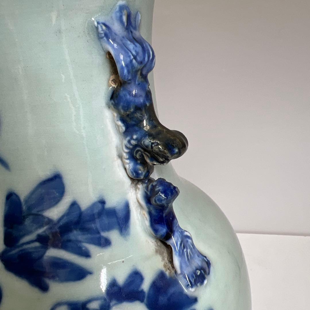 中国清時代　染付大文双耳　花瓶　高さ約42cm 東K8-0227②タルカニ