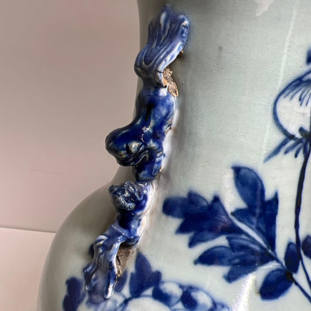 中国清時代　染付大文双耳　花瓶　高さ約42cm 東K8-0227②タルカニ