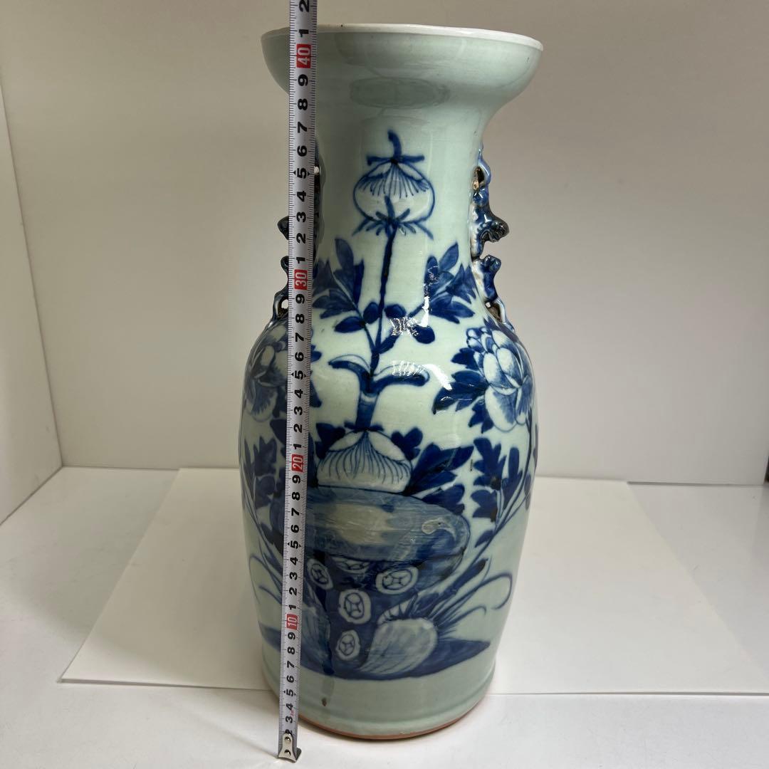 中国清時代　染付大文双耳　花瓶　高さ約42cm 東K8-0227②タルカニ