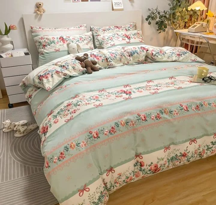 新品★花柄リボンリバーシブルプリント生地 綿100%シングル布団カバー