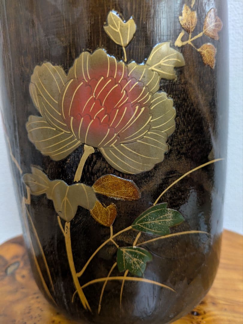 伝統工芸 加賀蒔絵 輪島塗 花柄 漆器 漆塗り 筒形 花瓶 和風インテリア