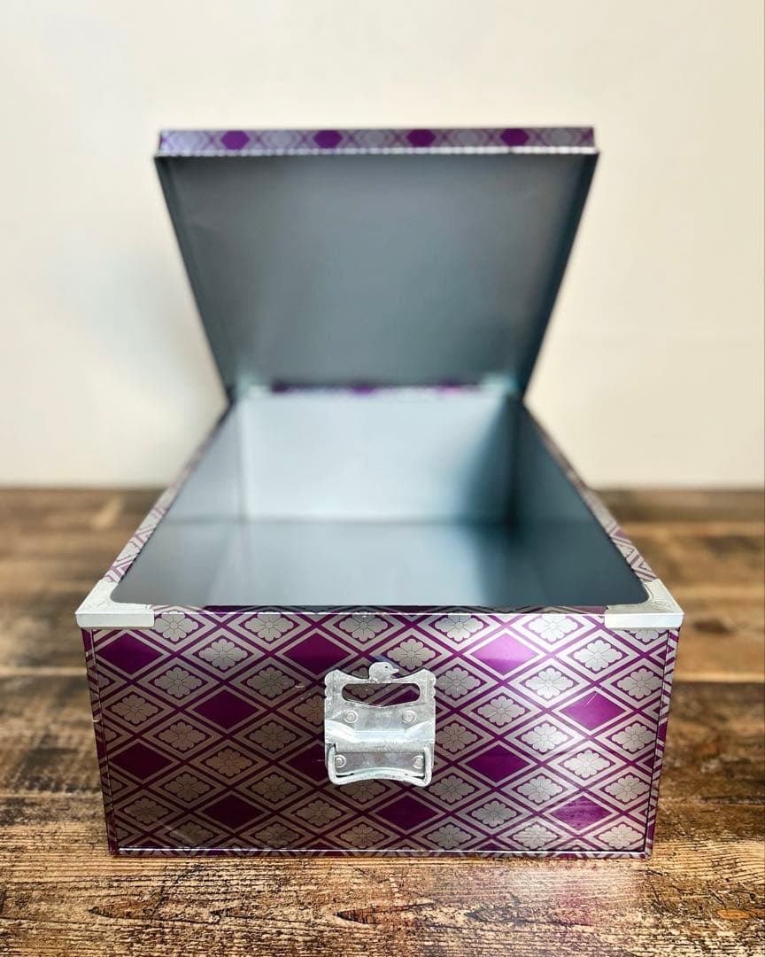 レア 美品 昭和 レトロ ブリキ 収納箱 2個セット 紫 菱柄 留め具付き