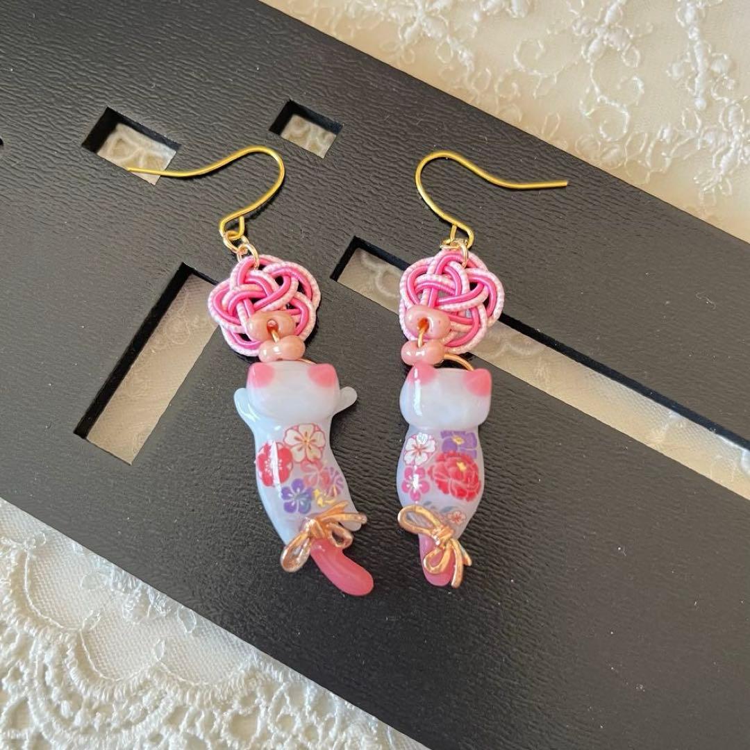 ฅ❤️ レジン　猫　ねこ　梅結び　水引　和柄　ピアス　イヤリング　ハンドメイド