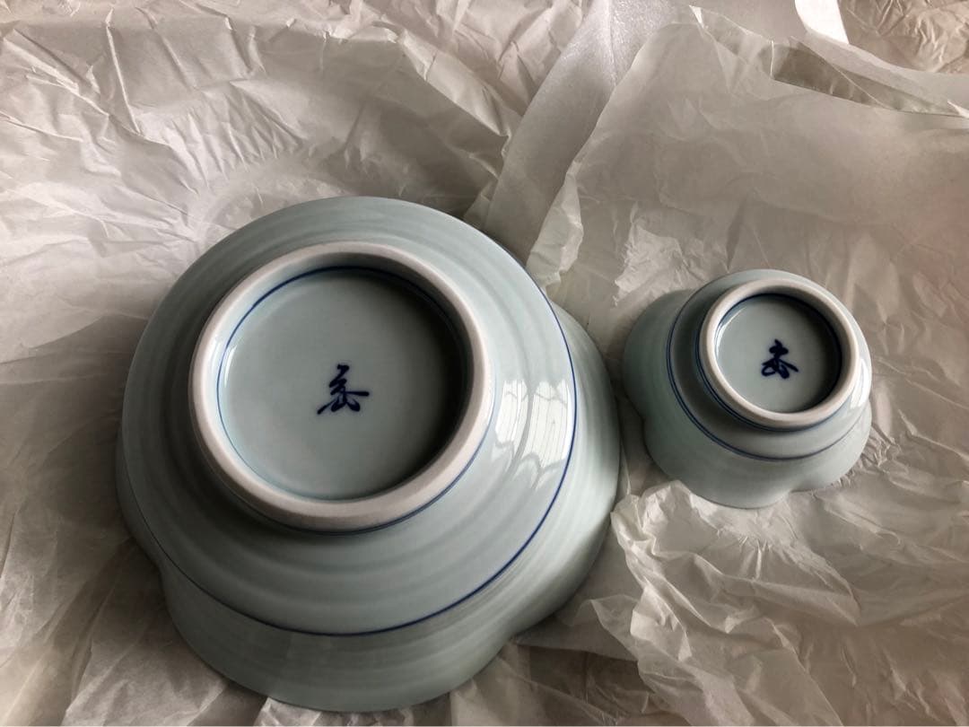 有田名窯 文山窯 染付 菊割紋 向附と千代口 ５セット 共箱入