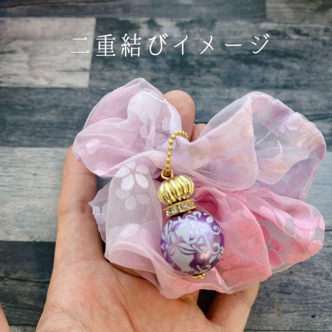 オリジナル手染め♥️サクラの花びら舞うアラベスク柄ビーズ付きオーガンジー調シュシュ