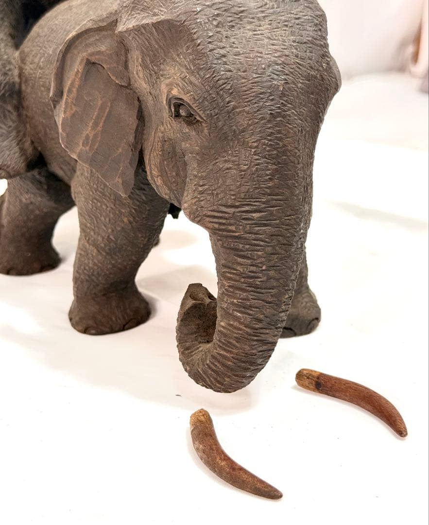 木製　一刀彫 全長42cm♪ 縁起物　象 オブジェ アンティーク　彫刻