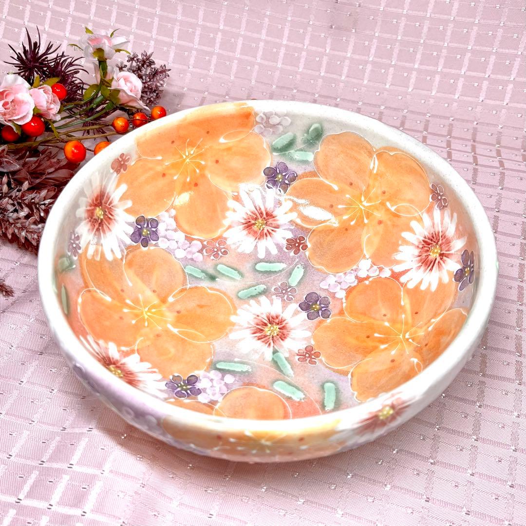 瀬戸焼 工房 ゆずりは 預け鉢 花柄 色絵 盛鉢 大鉢 サービスボウル