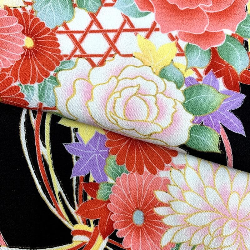 503ag70□七五三 七歳 女児 着物&袋帯&長襦袢 花くす玉 黒□未使用品