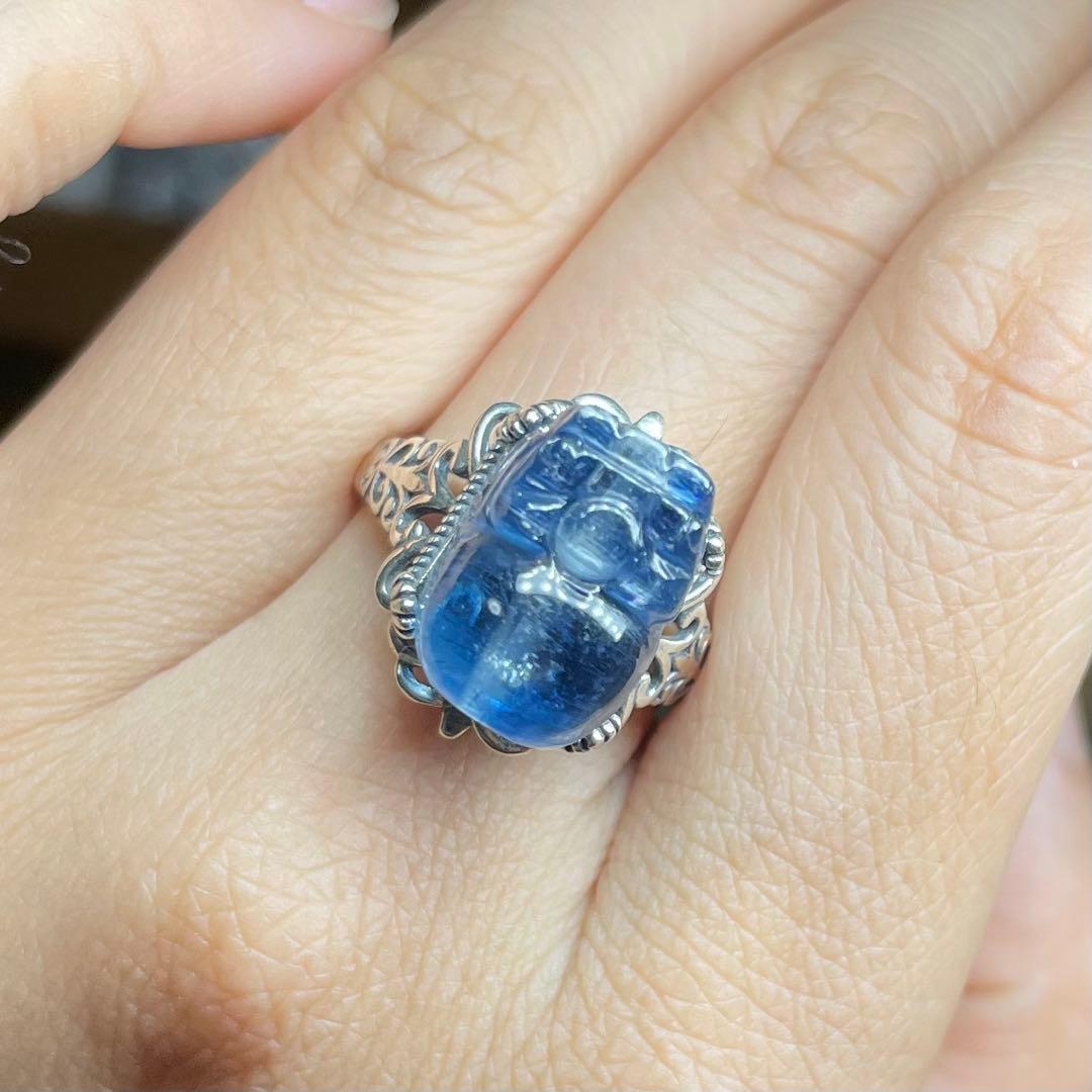 天然石リング　高品質カイヤナイト　高透明　青　シラー　貔貅御守り　SV925刻印