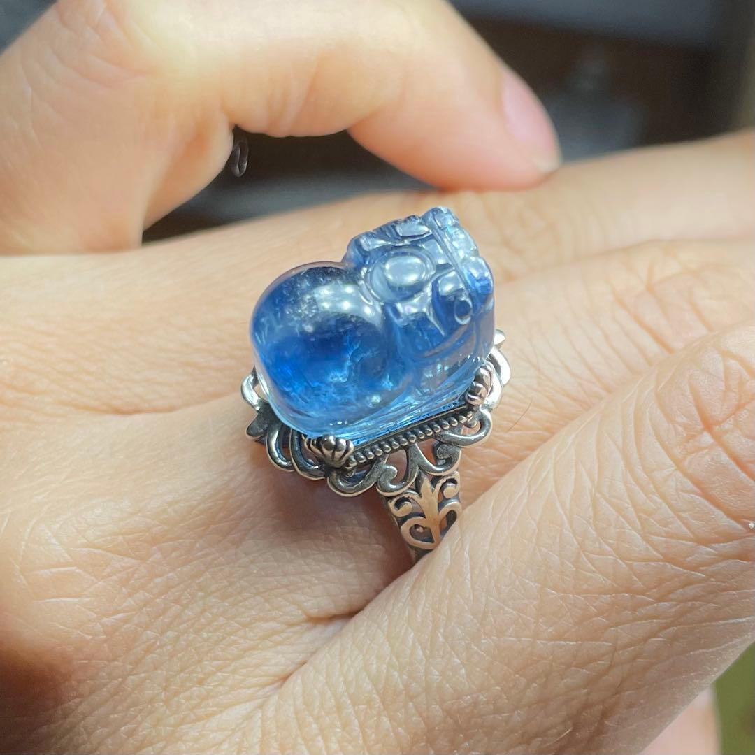 天然石リング　高品質カイヤナイト　高透明　青　シラー　貔貅御守り　SV925刻印