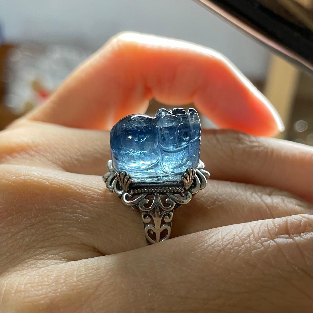 天然石リング　高品質カイヤナイト　高透明　青　シラー　貔貅御守り　SV925刻印