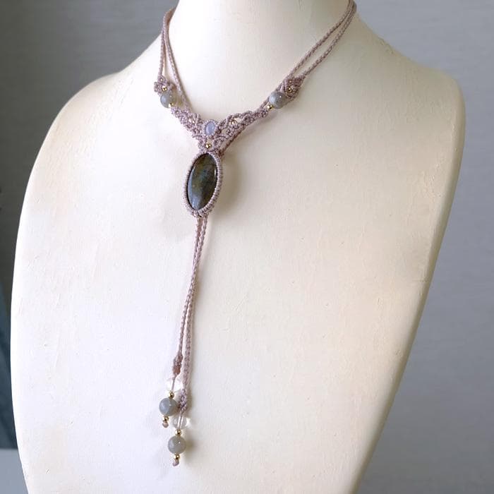 ラブラドライト・ムーンストーン マクラメ編みチョーカーネックレス 3440