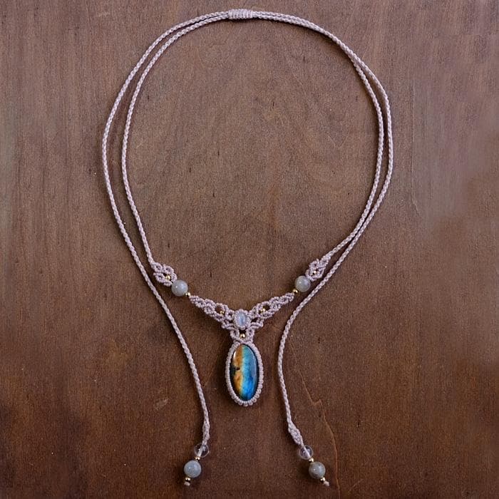 ラブラドライト・ムーンストーン マクラメ編みチョーカーネックレス 3440