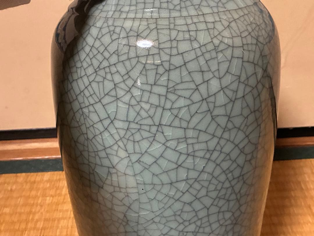 相馬焼？ひび割れ模様の青い花瓶 壺 花入 中国？
