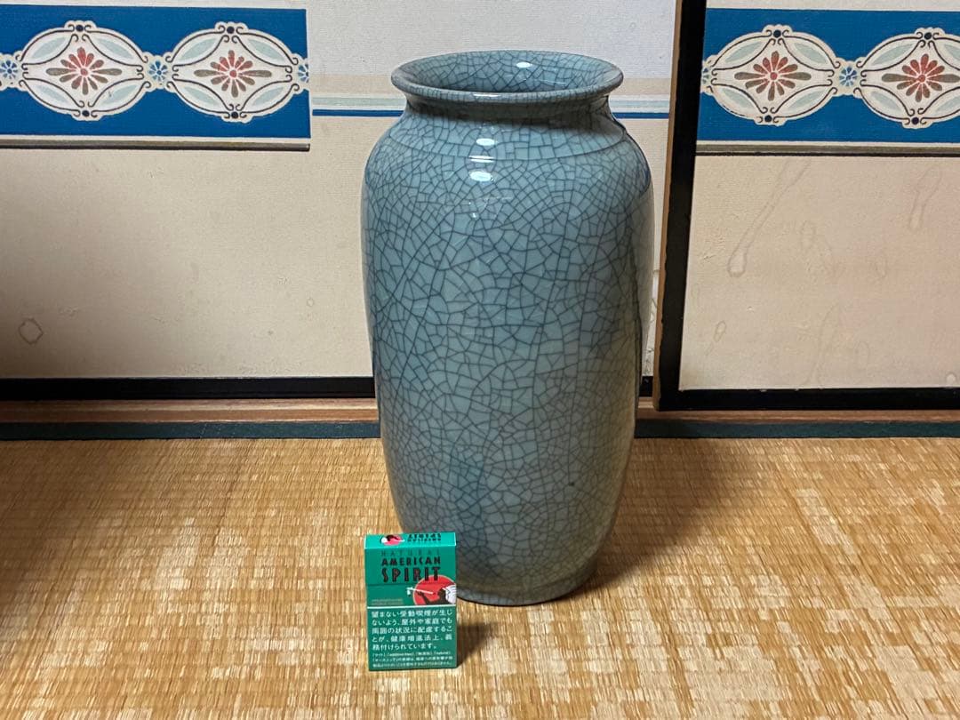 相馬焼？ひび割れ模様の青い花瓶 壺 花入 中国？