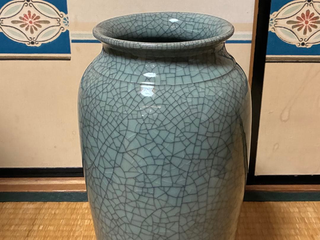 相馬焼？ひび割れ模様の青い花瓶 壺 花入 中国？