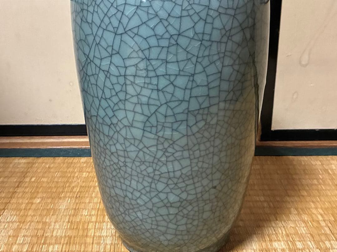 相馬焼？ひび割れ模様の青い花瓶 壺 花入 中国？
