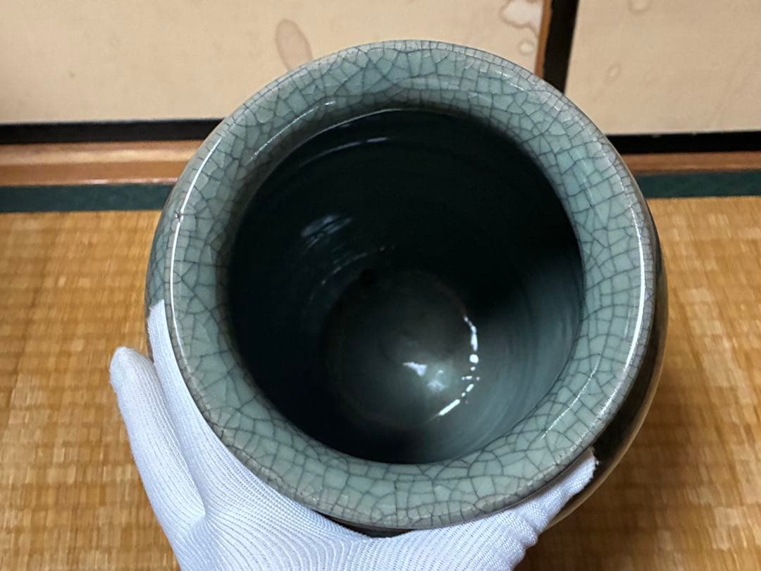 相馬焼？ひび割れ模様の青い花瓶 壺 花入 中国？