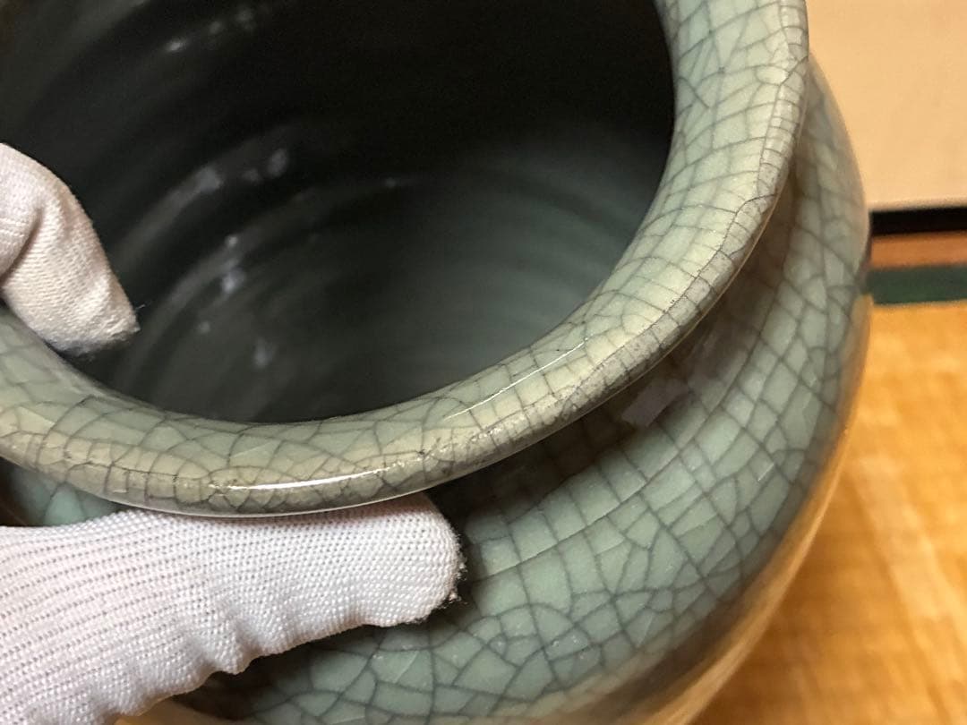 相馬焼？ひび割れ模様の青い花瓶 壺 花入 中国？
