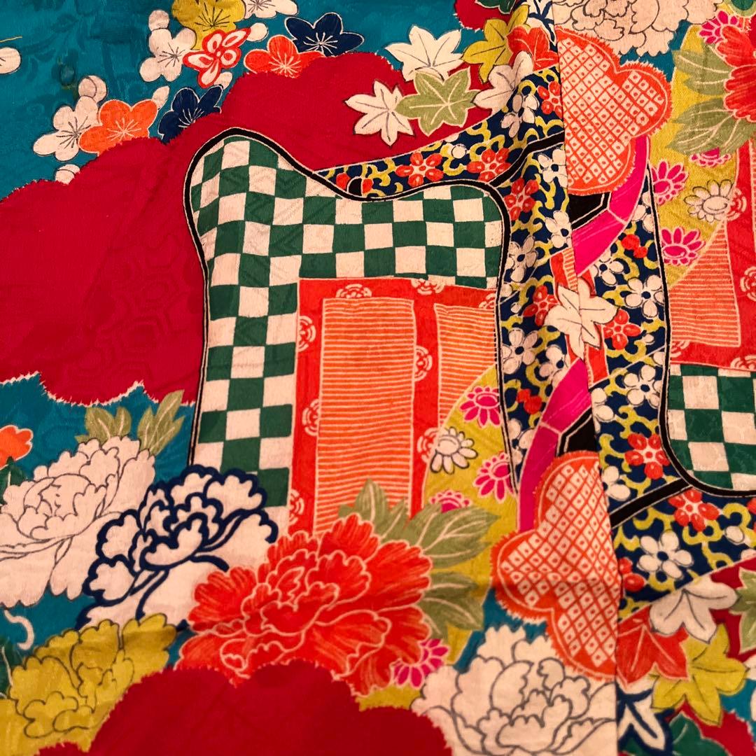 大正ロマン　ターコイズブルーに御所車と四季の花 七五三 アンティーク着物