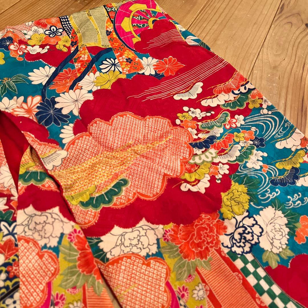 大正ロマン　ターコイズブルーに御所車と四季の花 七五三 アンティーク着物