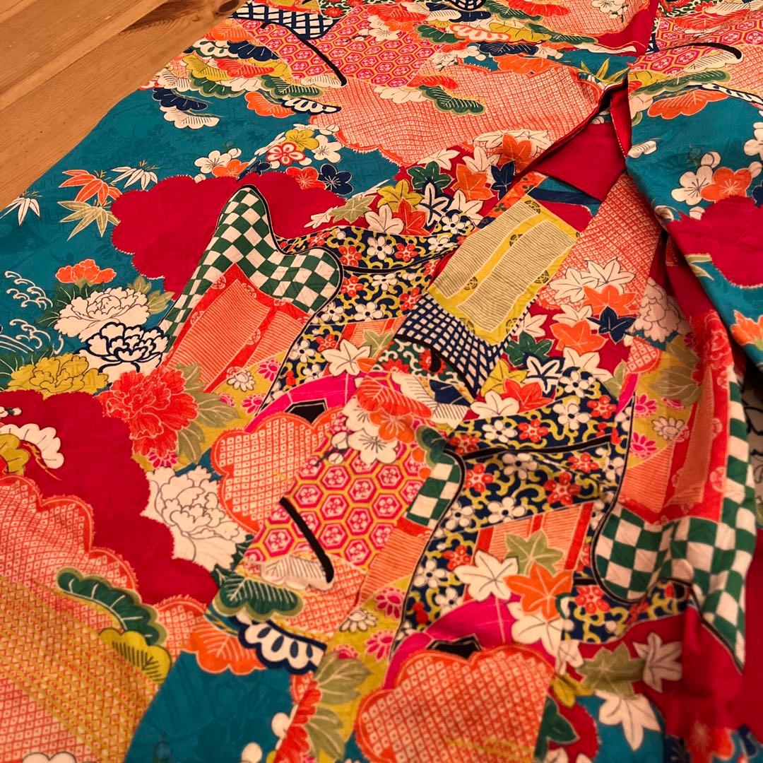 大正ロマン　ターコイズブルーに御所車と四季の花 七五三 アンティーク着物