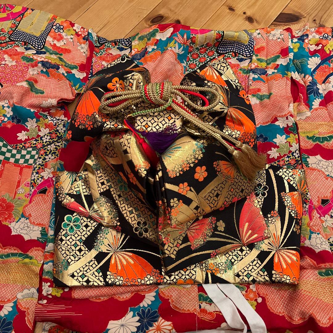 大正ロマン　ターコイズブルーに御所車と四季の花 七五三 アンティーク着物