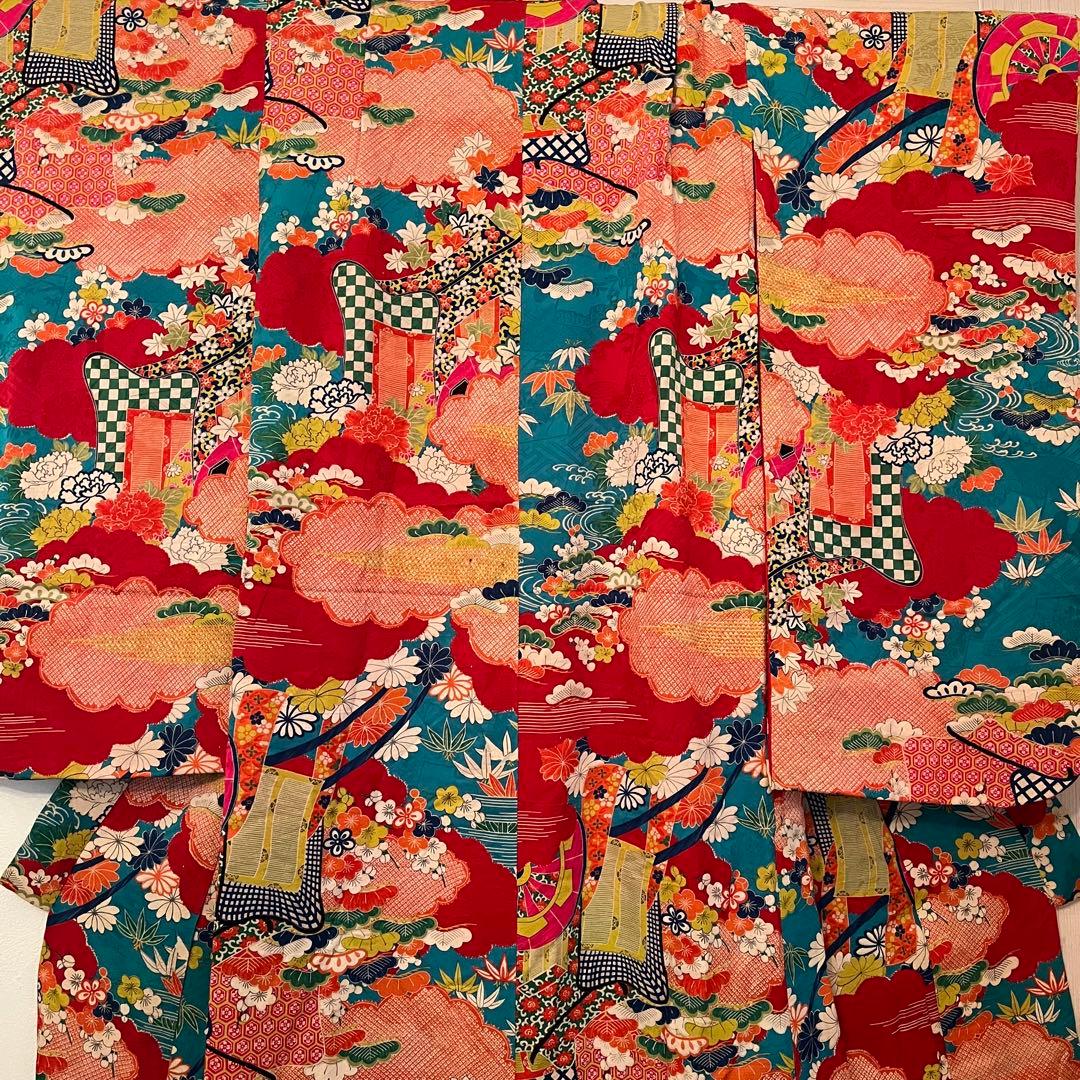 大正ロマン　ターコイズブルーに御所車と四季の花 七五三 アンティーク着物