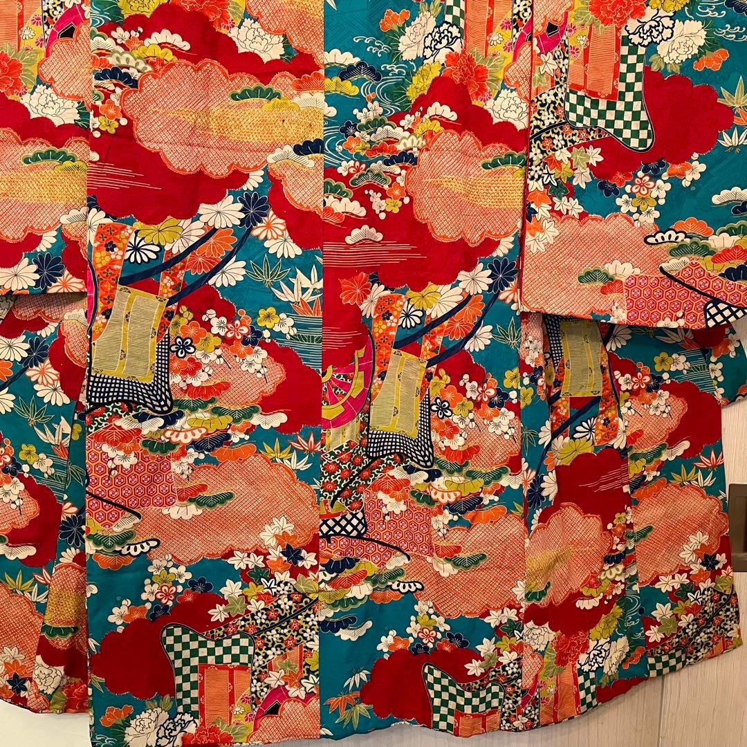 大正ロマン　ターコイズブルーに御所車と四季の花 七五三 アンティーク着物