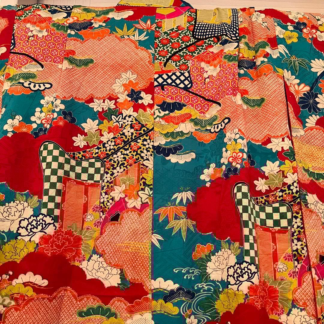 大正ロマン　ターコイズブルーに御所車と四季の花 七五三 アンティーク着物