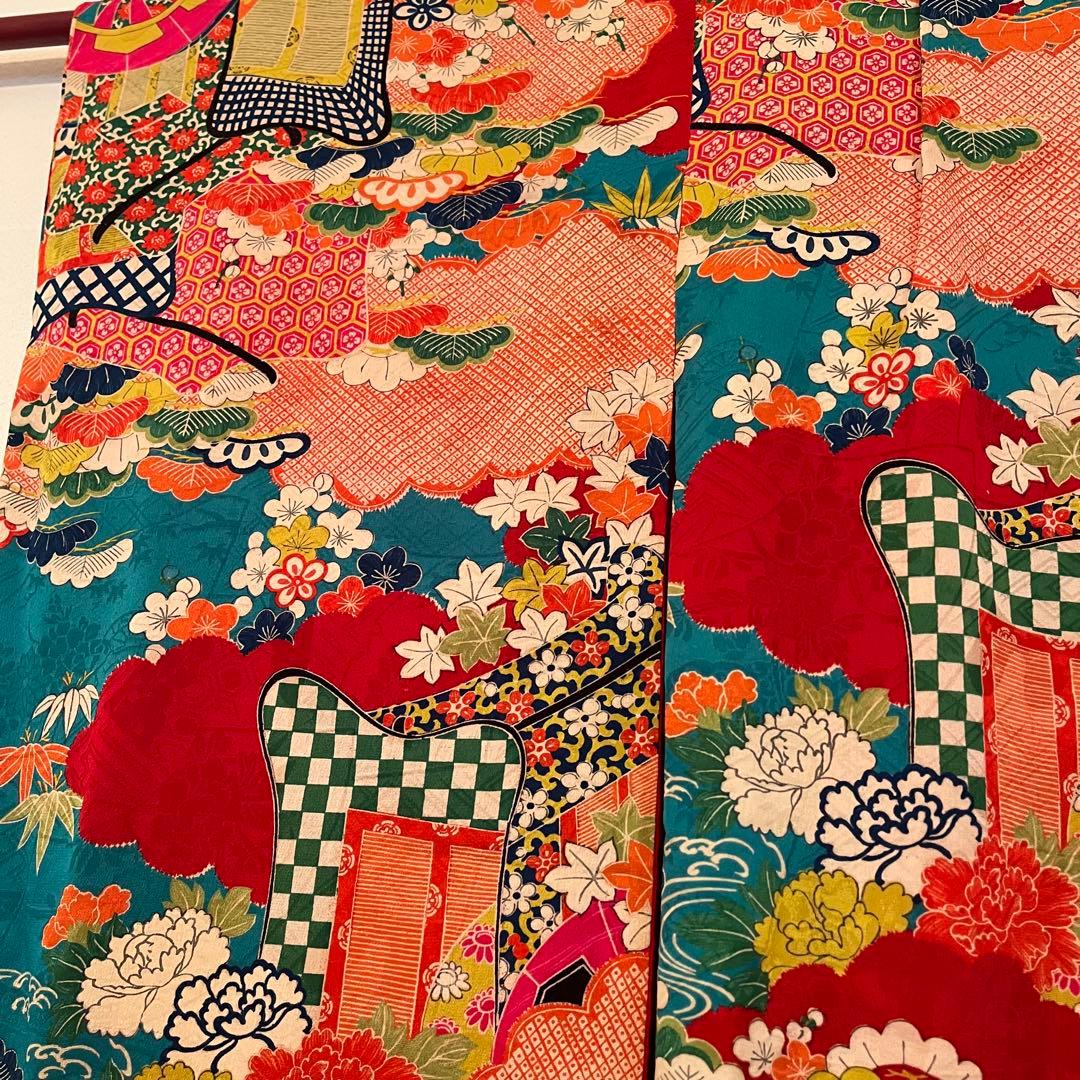 大正ロマン　ターコイズブルーに御所車と四季の花 七五三 アンティーク着物