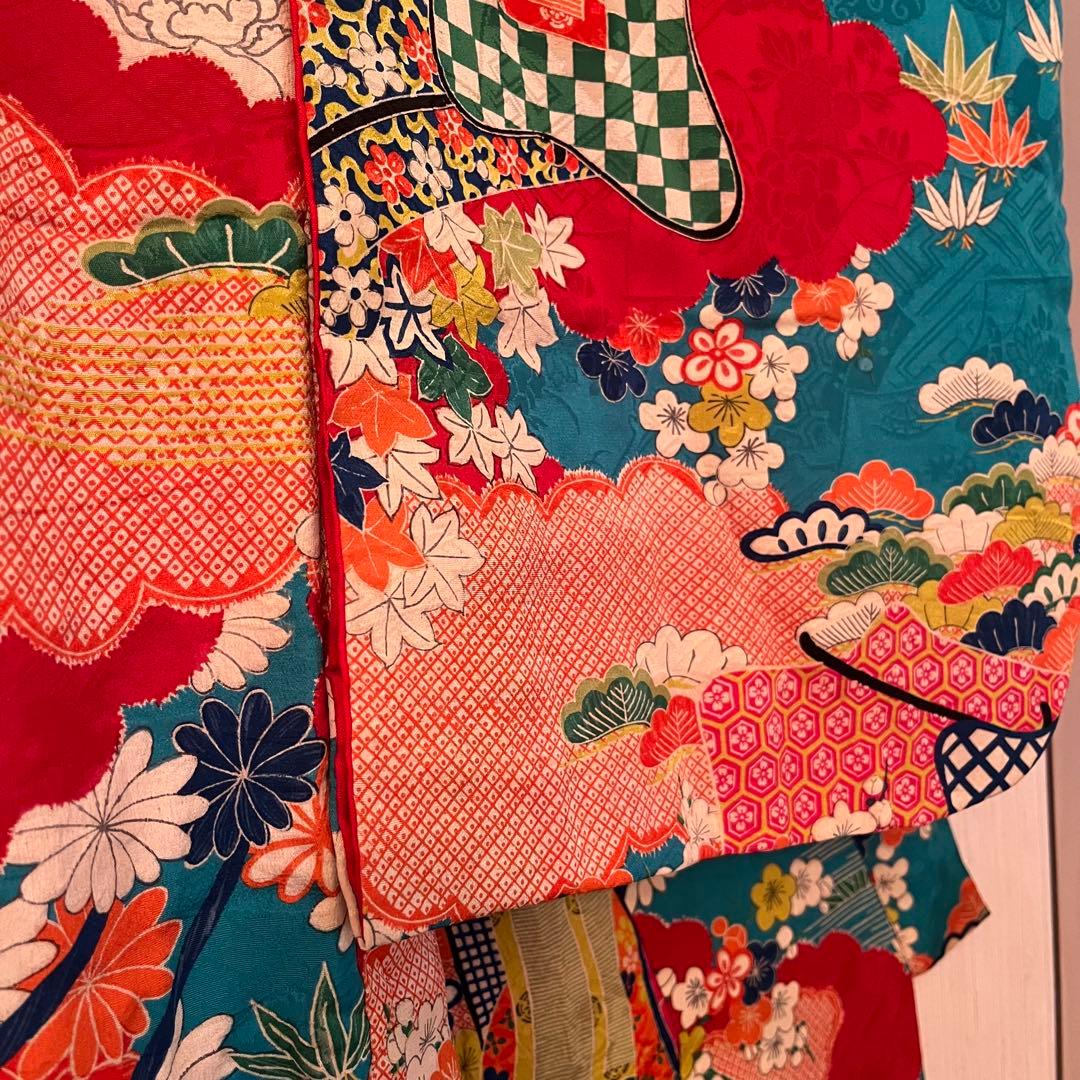 大正ロマン　ターコイズブルーに御所車と四季の花 七五三 アンティーク着物