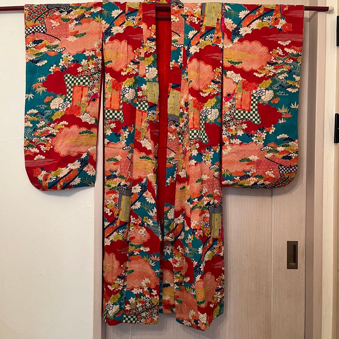 大正ロマン　ターコイズブルーに御所車と四季の花 七五三 アンティーク着物