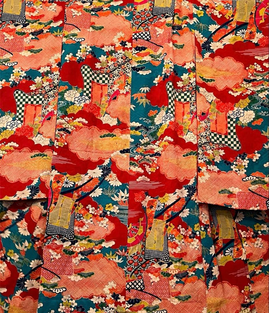 大正ロマン　ターコイズブルーに御所車と四季の花 七五三 アンティーク着物