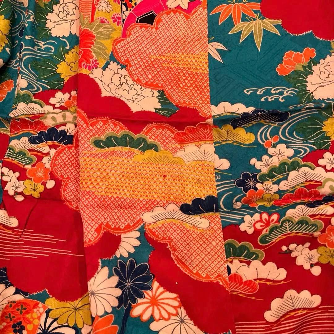 大正ロマン　ターコイズブルーに御所車と四季の花 七五三 アンティーク着物